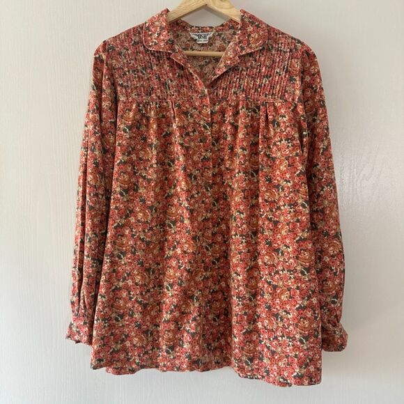 Hiyoshiya Womens Tokyo Japan Floral Long‎ Sleeve Yoke Pleated Pink Blouse Top - Picture 1 of 8